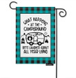 Camping Garden Flag,  Camping Garden Flag Blue Black Plaid Bus Mountain What Happens at The Campground Get Laughed About All Year Yard Flag Burlap Banners Vertical Double Sided