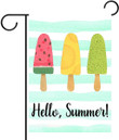 Summer Garden Flag, Hello Summer Popsicles and Ice Cream Blue Stripe Double Sided Garden Yard Flag, Watermelon Pineapple Kiwi Fruit Popsicles Decorative Garden Flag Banner