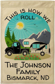 Camping Garden Flag, Personalized Camping Themed Garden Flag with 3 Lines of Custom Text, Black Truck and 5TH Wheel on Tan Outdoor Fabric
