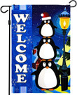 Christmas Garden Flag, Christmas and Winter Themed Decorations - Welcome Three Cute Penguins, Rustic Holiday Seasonal Outdoor, Decorations Farm Yard Wall Decor