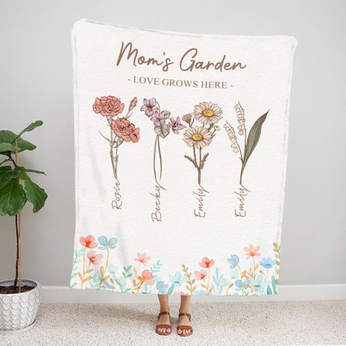 Personalized Mom's Garden Blanket, Custom Birth Month Flower Blanket Gift Ideas For Mom Grandma Mimi Nana Gigi Mother's Day Gift