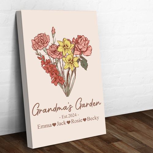 Custom Birth Flower Bouquet Canvas, Personalized Grandma's Garden Canvas, Grandma's Birthday Bloom Gift, Personalized Birth Month Flower Garden Canvas