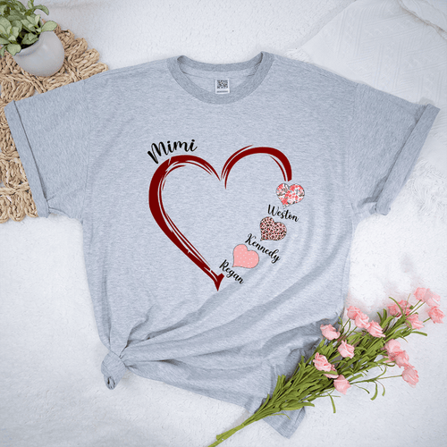 Custom Grandma Heart T - Shirt, Grandma T-Shirt with Hands, Nana, Mimi, Mama, Flower Grandma T-Shirt
