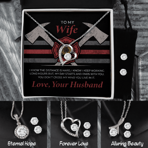 Personalized To My Wife From Firefighter Husband, 14K White Gold Jewelry Set, Valentine Birthday Christmas Gift For Her
