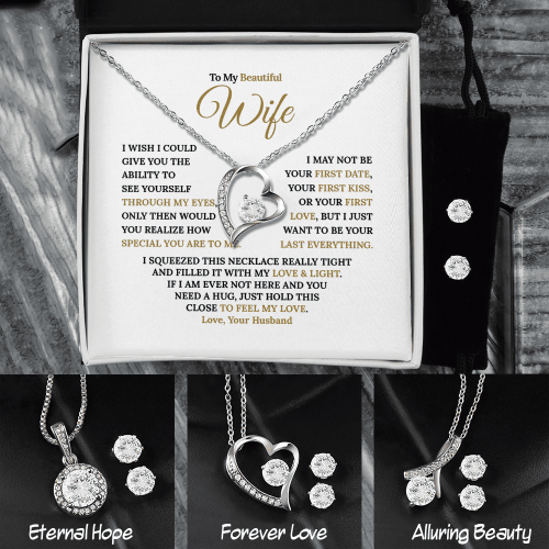 Personalized To My Beautiful Wife Jewelry Set Gift For Wife Girlfriend, 14K White Gold Necklace And Earrings, Valentine Gift For Her From Husband