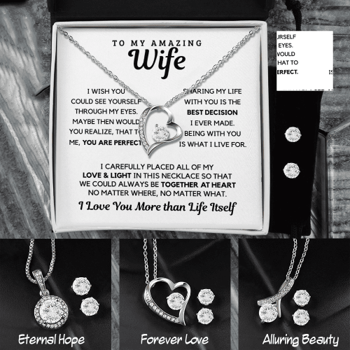 To My Amazing Wife Jewelry Set Gift, 14K White Gold Necklace And Earrings, Meaningful Message Gift For Her On Valentine Birthday Christmas