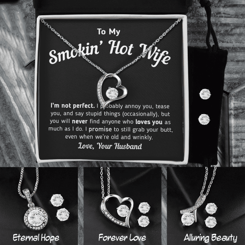 Personalized To My Smokin' Hot Wife Romantic Gift From Husband, 14K White Gold Necklace And Earring, Jewelry Matching Set Gift For Her, Love Message