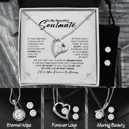To My Beautiful Soulmate 14K White Gold Jewelry Set, Necklace And Earrings Set, Valentine Gift For Girlfriend Or Wife