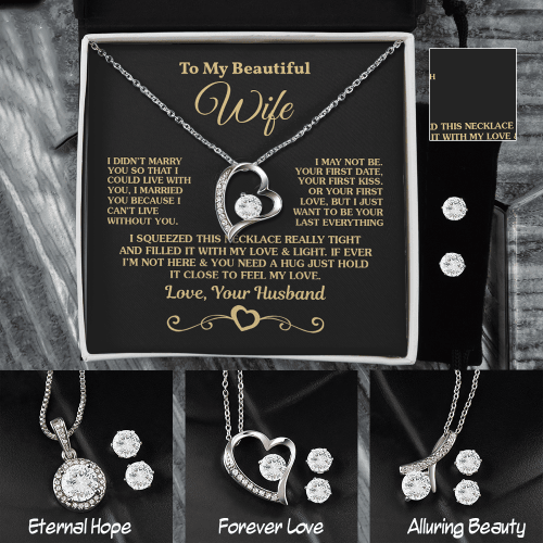 Personalized To My Beautiful Wife 14K White Gold Jewelry Set, Necklace And Earrings Matching Set Gift For Her From Husband Boyfriend