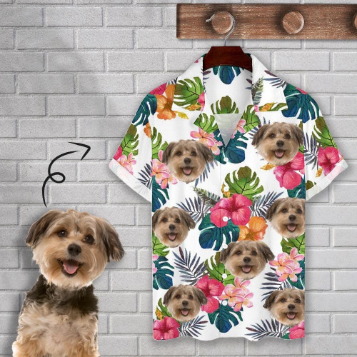 Custom Pet Face Leaves Flower White Hawaiian Shirt, Personalized Dog Cat Face Tropical Aloha Summer Shirt, Funny Pet Hawaii Shirt