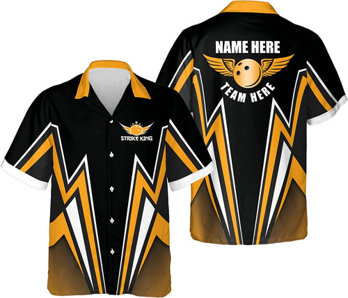 Strike King Personalized Yellow Bowling Hawaiian Shirt, Custom Name Bowling Retro Aloha Summer Shirt for Bowling Team, Bowling Shirt, Gift For Bowlers