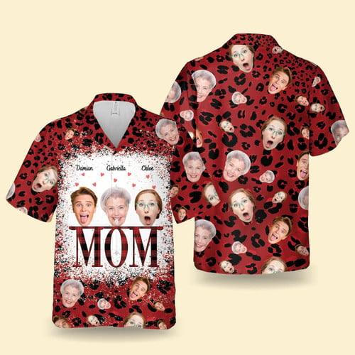 Custom Face Mom Red Leopard Pattern Hawaiian Shirt, Personalized Photo Mom Aloha Shirt For Family, Best Personalized Mother's Day Gifts