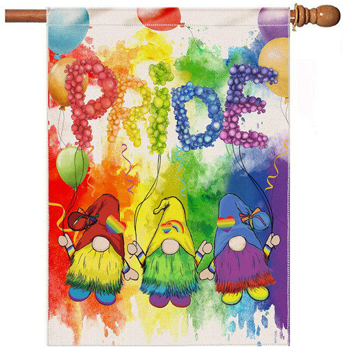 LGBT Garden Flag, Pride Flag, Gnomes Gay Pride Garden Flag Double Sided,Burlap Small LGBT Yard Flag, Rainbow Watercolor Splash Gnomes with Balloon Outdoor Porch Banner Decoration Sign