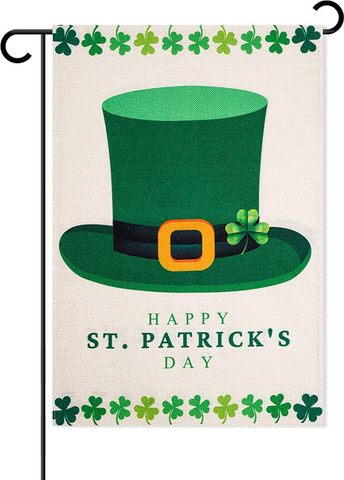 St Patrick's Day Flag, Garden Flag, Green Hat, Shamrocks Bordered, Happy St Patrick's Day, Lucky Gift For St Patrick Day, Garden Decor