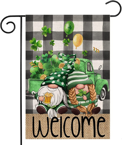 St Patrick's Day Flag, Garden Flag, Welcome Sign, Cute Couple Gnomes, Caro Pattern, Lucky gift For St Patrick Day, Garden Decor