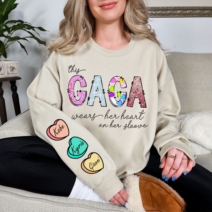 This Gaga Wear Her Heart On Her Sleeve Sweatshirt, Custom Names On Sleeve Shirt, Personalized Gifts For Mother's Day, Gift For Grandma Mimi Nana Gigi Grammy