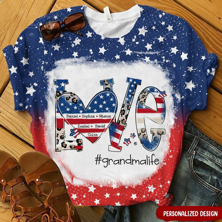 Personalized Love Grandmalife 4th of July American Flag Leopard 3D T-shirt, Custom Mom Grandma Mimi Nana Shirt, Mother's Day Independence Day Gift