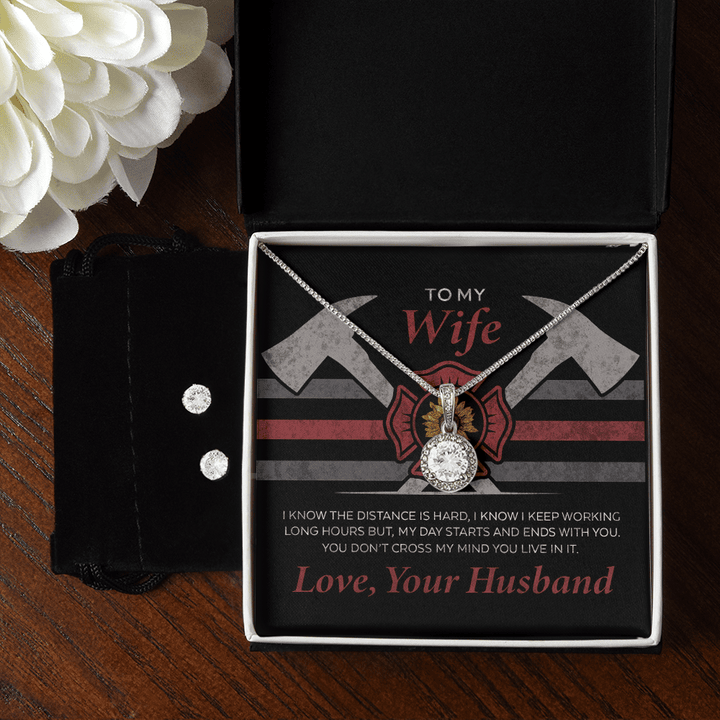 Personalized To My Wife From Firefighter Husband, 14K White Gold Jewelry Set, Valentine Birthday Christmas Gift For Her