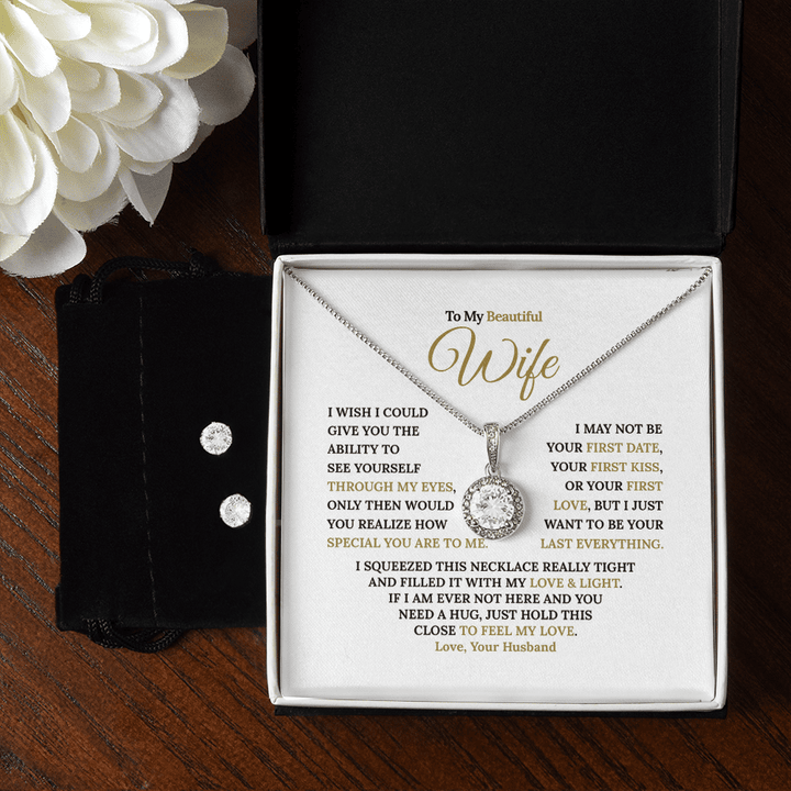 Personalized To My Beautiful Wife Jewelry Set Gift For Wife Girlfriend, 14K White Gold Necklace And Earrings, Valentine Gift For Her From Husband