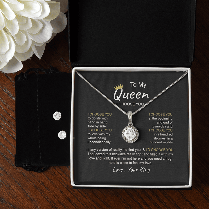 Personalized To My Queen 14K White Gold Jewelry Set, Necklace And Earrings Gift From Your King, Valentine Birthday Christmas Gift For Her