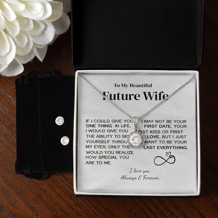 To My Beautiful Future Wife 14K White Gold Necklace And Earring, Engaged Gold Jewelry Set Gift, Message Gift To MY Beautiful Future Wife