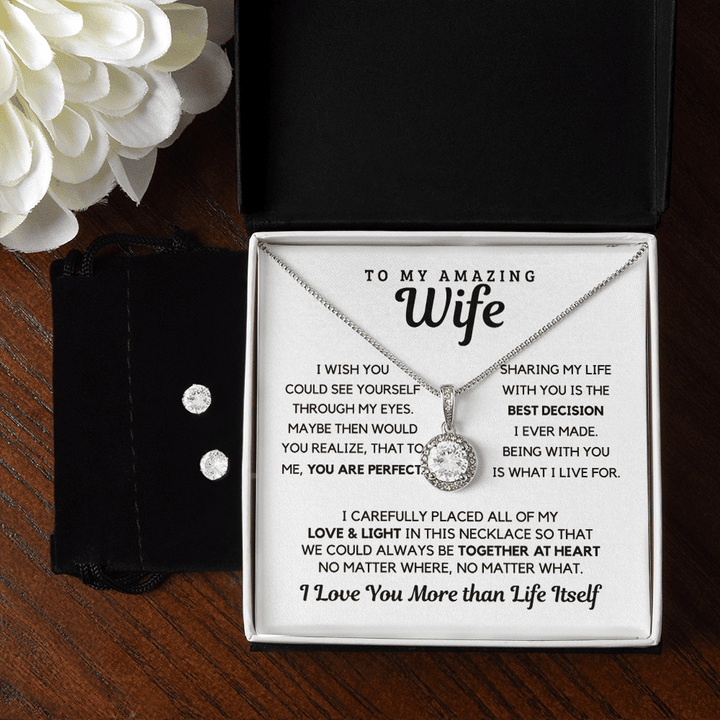 To My Amazing Wife Jewelry Set Gift, 14K White Gold Necklace And Earrings, Meaningful Message Gift For Her On Valentine Birthday Christmas
