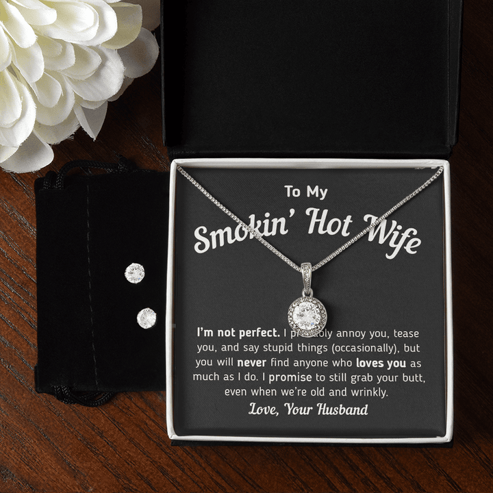 Personalized To My Smokin' Hot Wife Romantic Gift From Husband, 14K White Gold Necklace And Earring, Jewelry Matching Set Gift For Her, Love Message