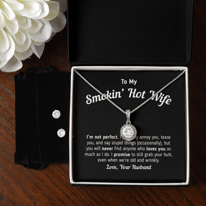 Custom To My Smokin' Hot Wife Message Gift For Her, 14K White Gold Necklace And Earrings, Custom Gift For Wife From Husband On Birthday Valentine