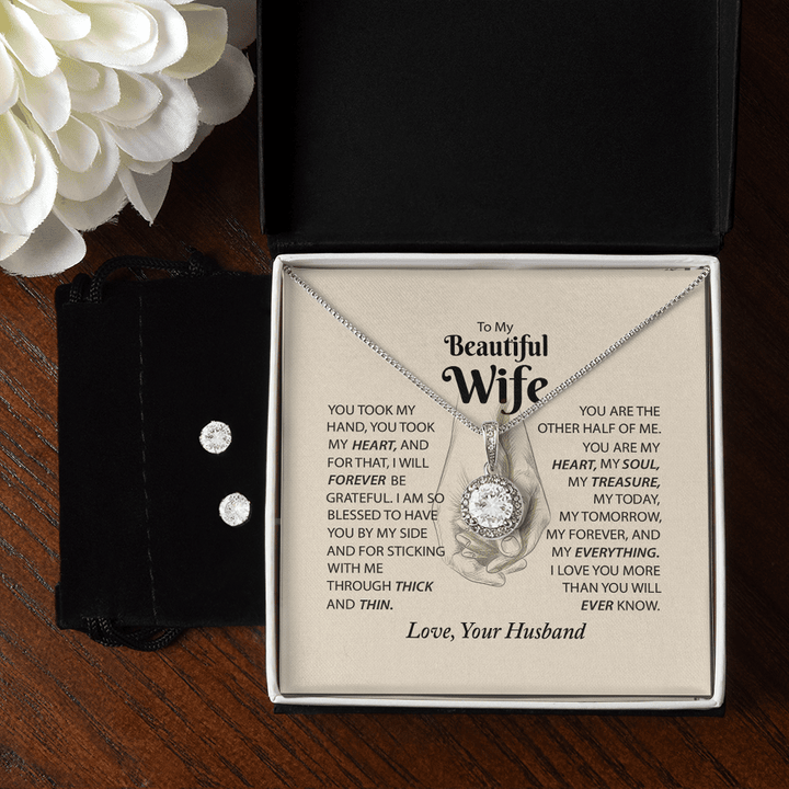 Personalized Couple Holding Hand Meaningful Message Gift For Wife Girlfriend, 14K White Gold Jewelry Set, Necklace And Earrings, Valentine Gift