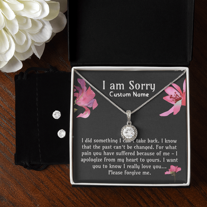 Custom Sorry Message Gift For Girlfriend Wife, 14K White Gold Necklace, Jewelry Set, CZ Earrings, Eternal Hope, Forever Love, Alluring Beauty