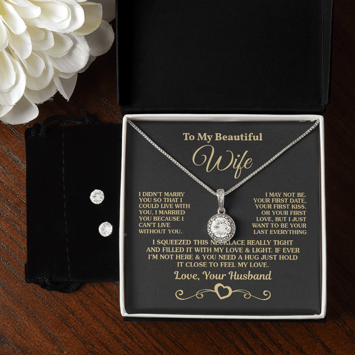 Personalized To My Beautiful Wife 14K White Gold Jewelry Set, Necklace And Earrings Matching Set Gift For Her From Husband Boyfriend
