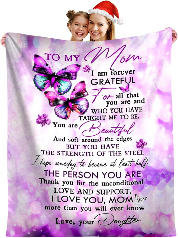 I Love You Mom Personalized Blanket for Mom, Custom To My Mom Purple Butterfly Cozy Fleece Sofa Throw Blankets from Daughter Son, Mother's Day Gift