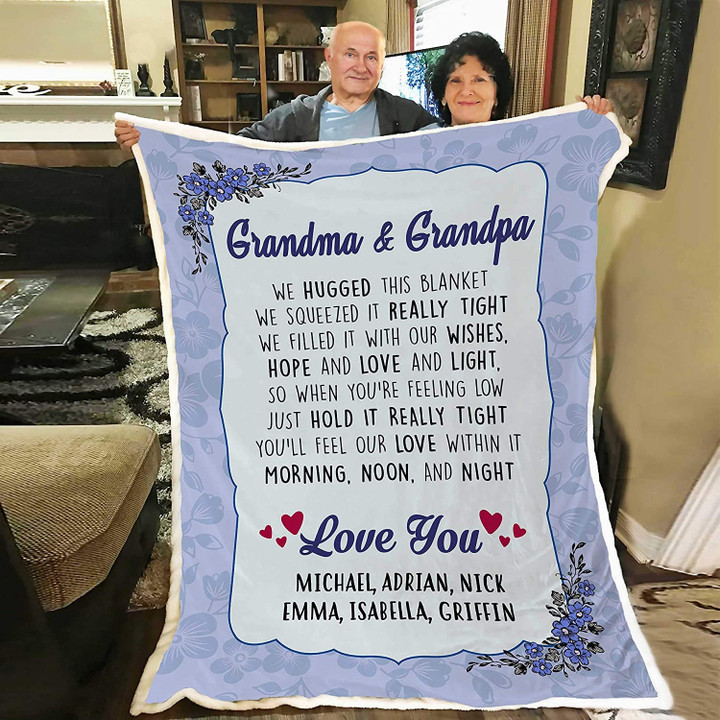 Custom Name Blue Flower Blanket for Grandma, Gigi, Grandpa, You'll Feel Our Love Nana Throw Blanket, Gift from Grandkids for Grandparents