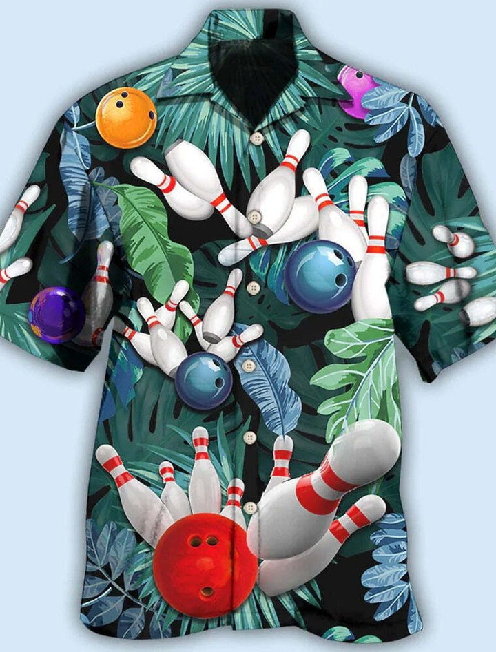 Bowling Ball Crashing The Pins Leaves Pattern Hawaiian Shirt, Bowling Aloha Beach Shirt, Matching Summer Outfit For Bowling Lover, Bowler Gift