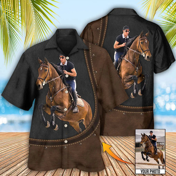 Custom Photo Horse Riding Leather Style Hawaiian Shirt, Personalized Horse Riding Aloha Shirt, Summer Gift For Horse Riding Lovers