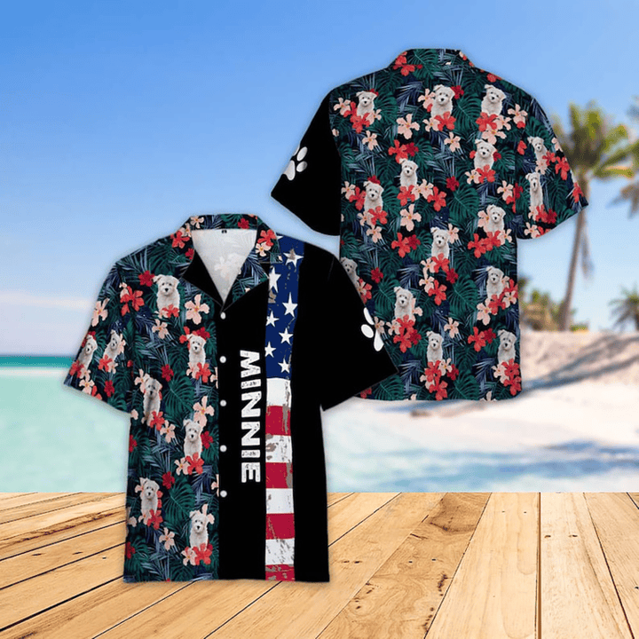 Custom USA Flag Pattern Tropical Hawaiian Shirt with Dog Face, Personalized Pet Photo Flowers Leaf Hawaiian Shirt, Funny Hawaiian Shirt