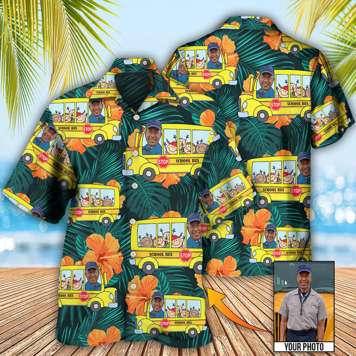 School Bus Driver Tropical Custom Photo Hawaiian Shirt, Personalized Flower Leaves School Bus Aloha Shirt, Gift For Dad, School Bus Driver Shirt