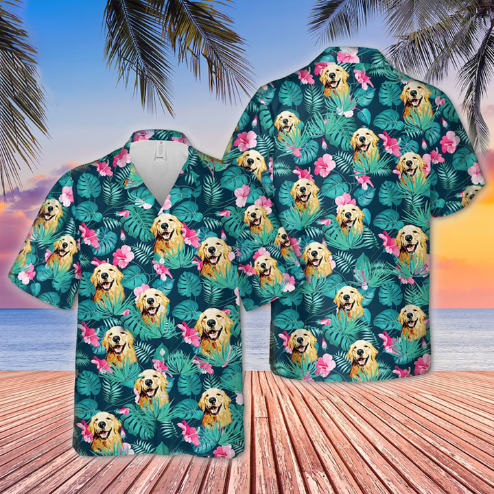 Personalized Pet Photo Leaves Flower Hawaiian Shirt, Custom Dog Face Tropical Short Sleeve Hawaiian Aloha Shirt, Funny Aloha Shirt, Gift For Family