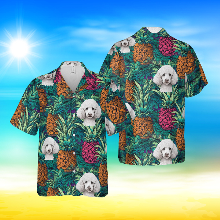White Poodle Leaves Pineapple Hawaiian Shirt, Cute Poodle Pineapple Pattern Aloha Shirt, Funny Hawaii Shirt, Gift For Dog Lovers