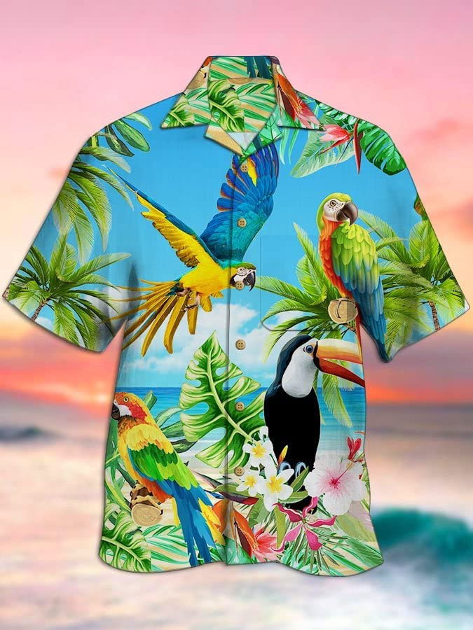 Parrot Toucan 3D Hawaiian Shirts, Palm Tree Parrot Button Down Men Hawaiian Shirts Short Sleeve, Summer Beach Shirt