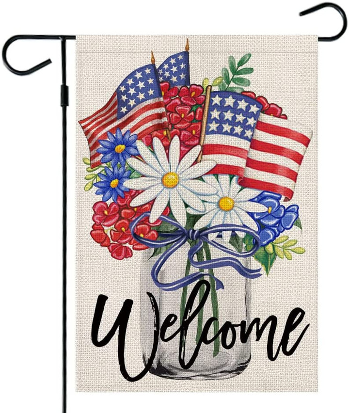 Independence Garden Flag, 4th of July Patrioctic Floral Welcome Garden Flag Double Sided Blue Red Memorial Independence Day Outside Yard Party Decoration