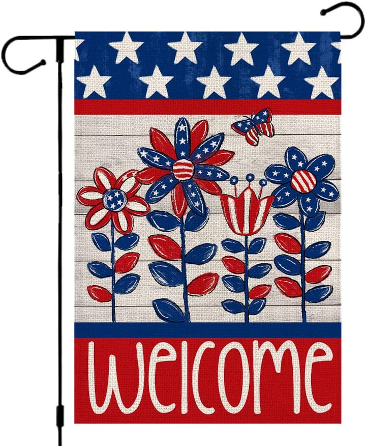 Independence Garden Flag, 4th of July Patrioctic Welcome Floral Garden Flag Double Sided USA Flag Red Blue Star Memorial Day Independence Day Outside Yard Party Decoration