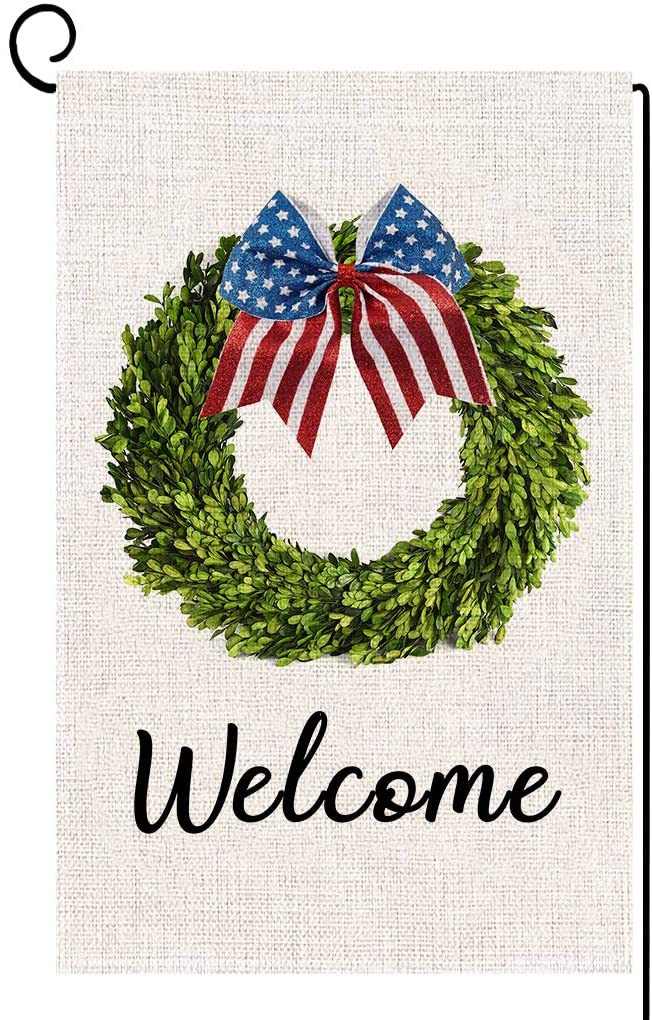 Independence Garden Flag,  Welcome Patriotic 4th of July Boxwood Wreath Garden Flag Burlap Double Sided America Memorial Day Independence Day