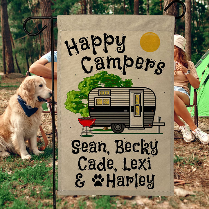 Camping Garden Flag, Happy Camper World Personalized Camping Garden Sized Flag, Happy Campers and Vintage Travel Trailer Graphic, with 3 Additional Lines of Custom Text