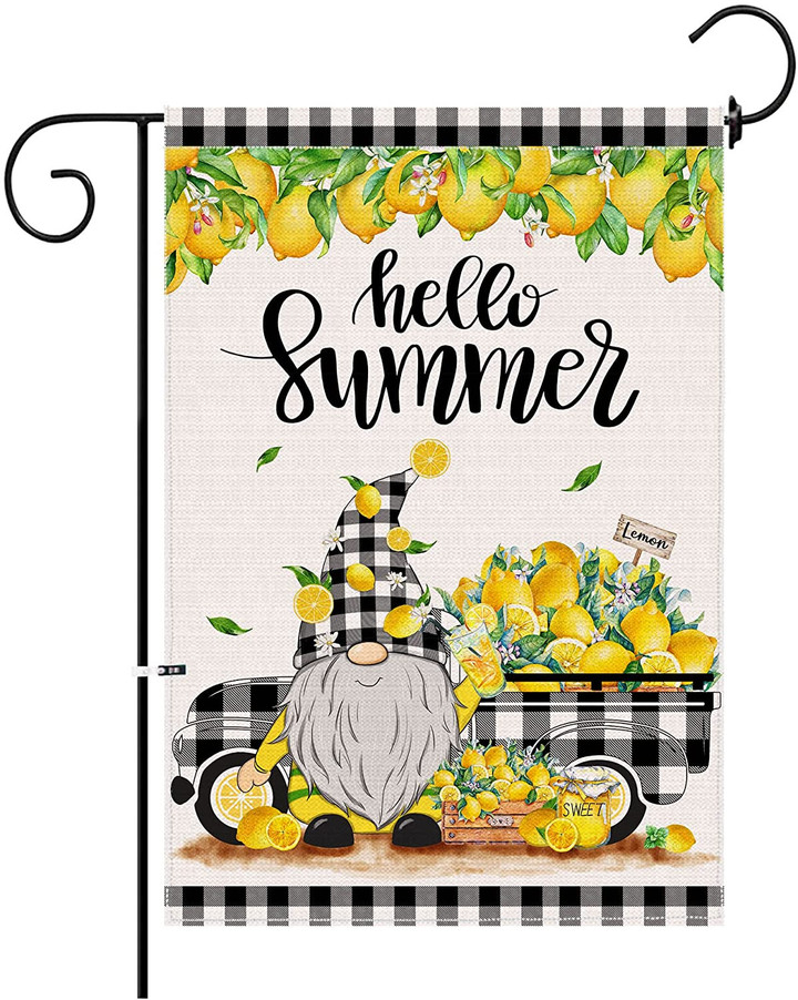 Summer Garden Flag,  Summer Garden Flag, Hello Summer Garden Flags Double Sided, Decorative Burlap Buffalo Plaid Truck Yellow Sweet Lemonade