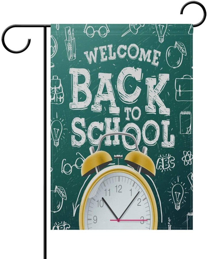 Back To School Garden Flag,  Back to School with Clock Polyester Garden Flag House Banner, Two Sided Welcome Yard Decoration Flag for Wedding Party Home Decor