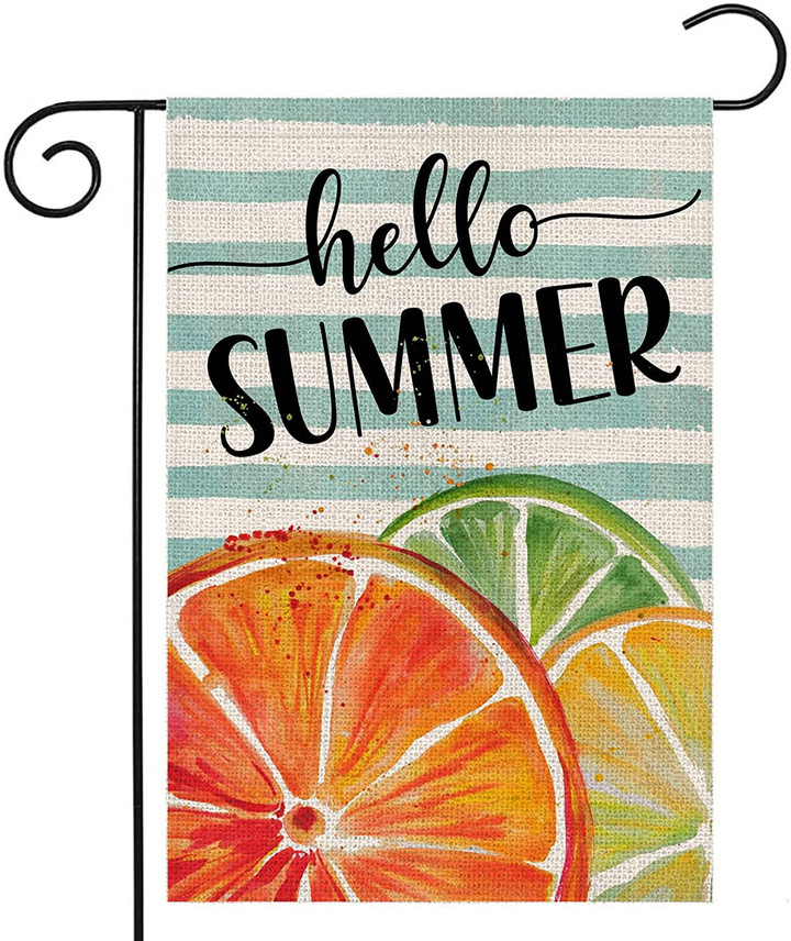 Summer Garden Flag, Hello Summer Garden Flag  Vertical Double Sided,Seasonal Lemons with Stripes Small Yard Flags for Outside,Spring Decoration for Farmhouse Holiday Outdoor