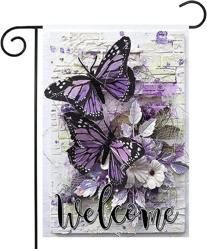 Summer Garden Flag, Welcome Garden Flags ,Yard Flags Spring Summer Garden Decor for Outside,Butterfly Flower Yard Decorations for Home Outdoor