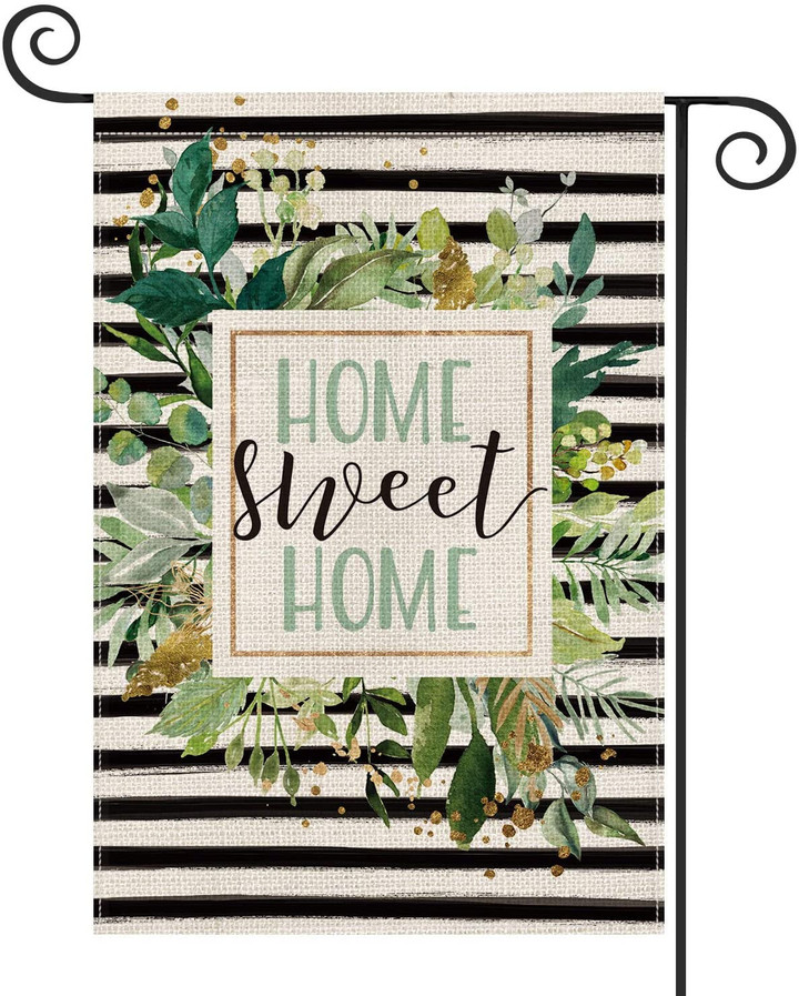 Summer Garden Flag,  Watercolor Stripes Home Sweet Home Garden Flag Double Sided, Spring Summer Leaves Yard Outdoor Decoration
