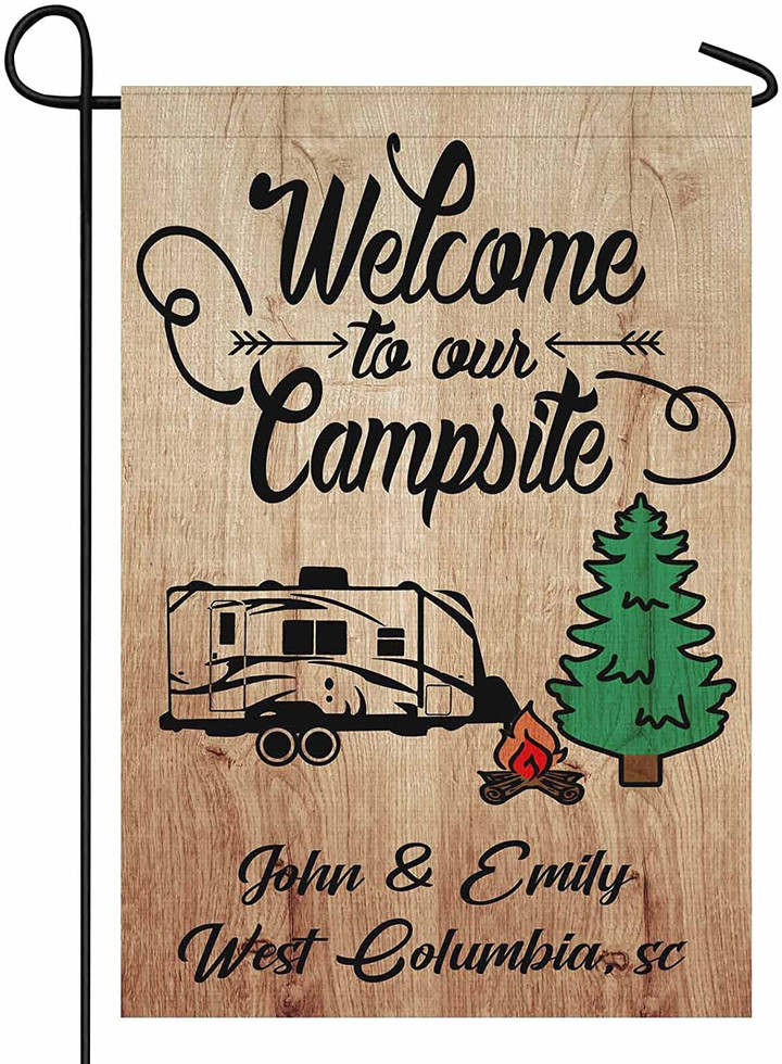 Camping Garden Flag,  Personalized Camp Garden Flag 1Welcome to Our Happy Campsite Custom Yard House Welcome RV Flag, Funstudio Personalized Camping Garden Flag